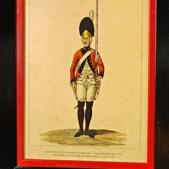 Pair of Framed French Military Prints 18th Century Uniforms 15"x12" Black & Red - Picture 3 of 6